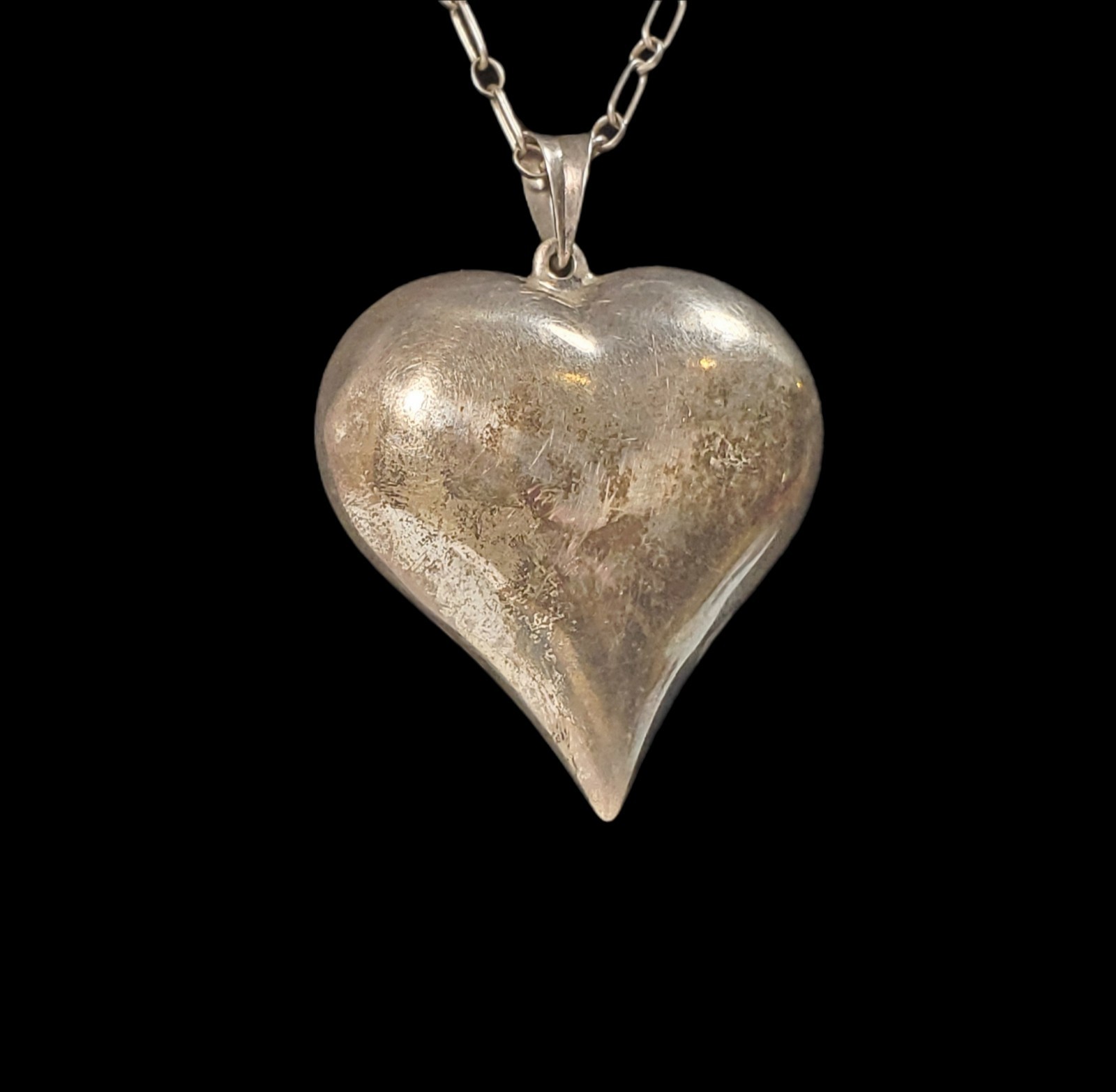 Vtg Sterling Silver 1¾” Puff Heart Necklace W/ Oval Chain Link Overhead Patina