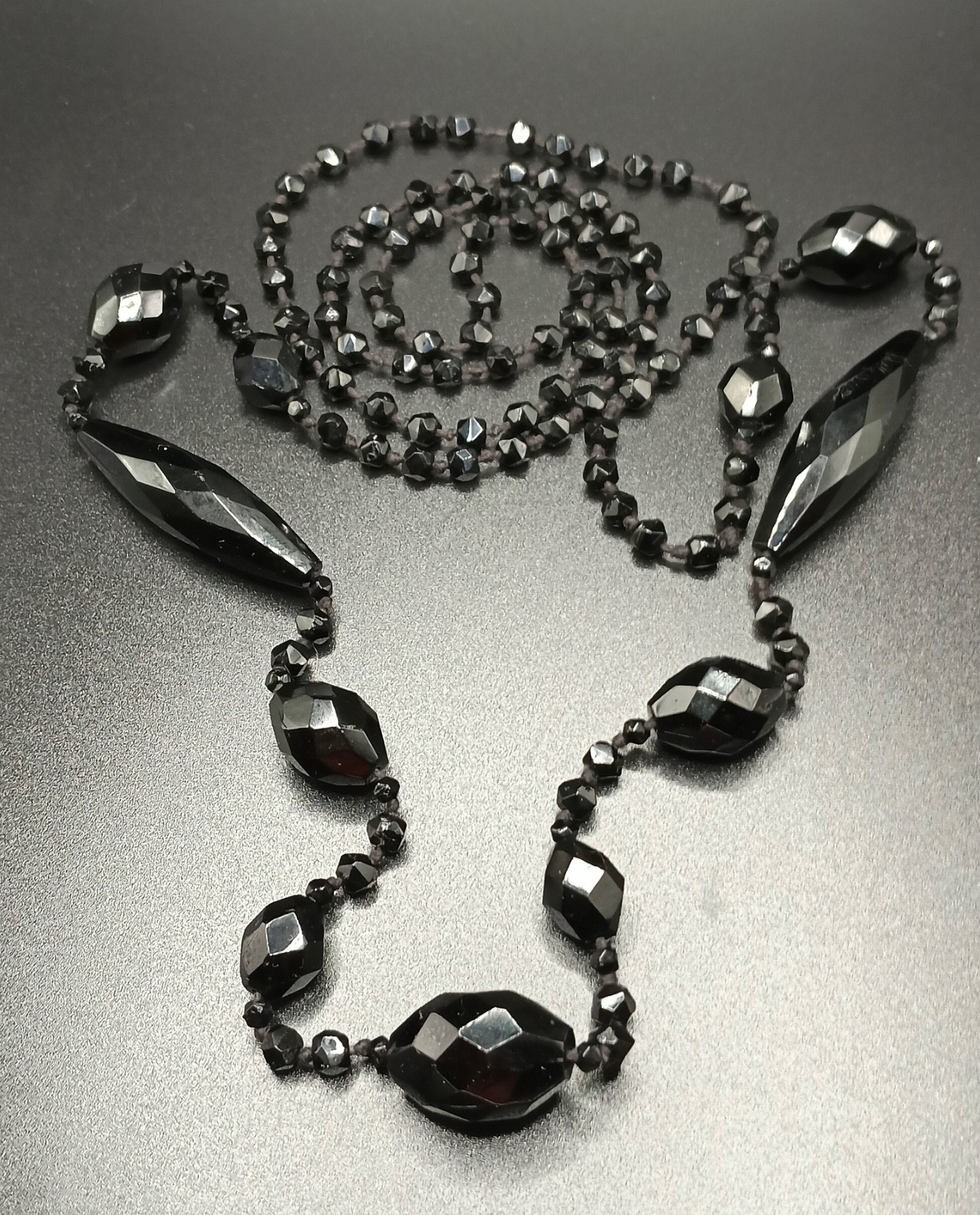 French Jet Multi-Size Bead 44” Necklace, Hand Knotted, No Clasp