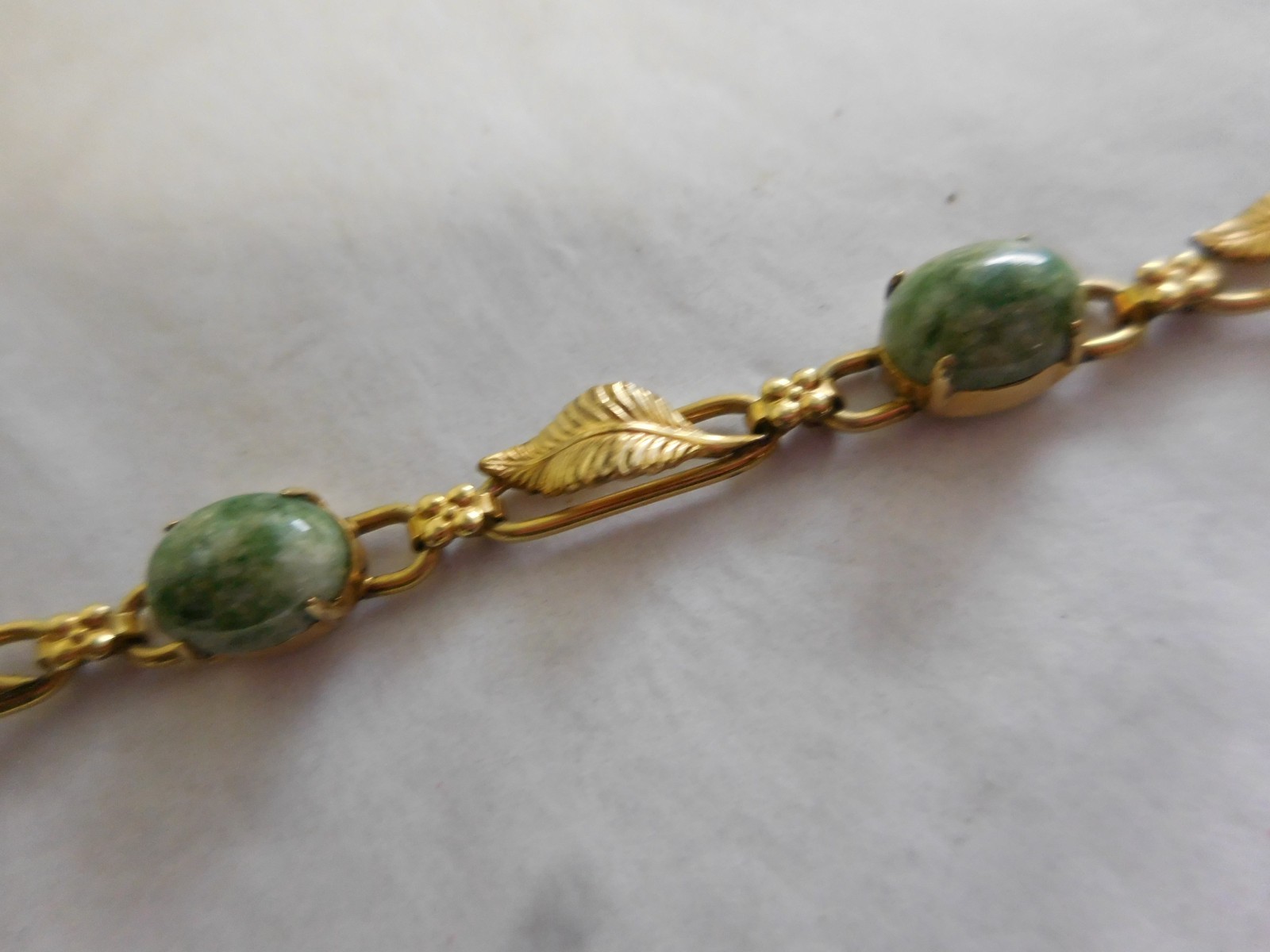 W E RICHARDS WRE 1/20 12K GOLD FILL BRACELET 7 1/4″ GREEN MOSS AGATE & LEAVES