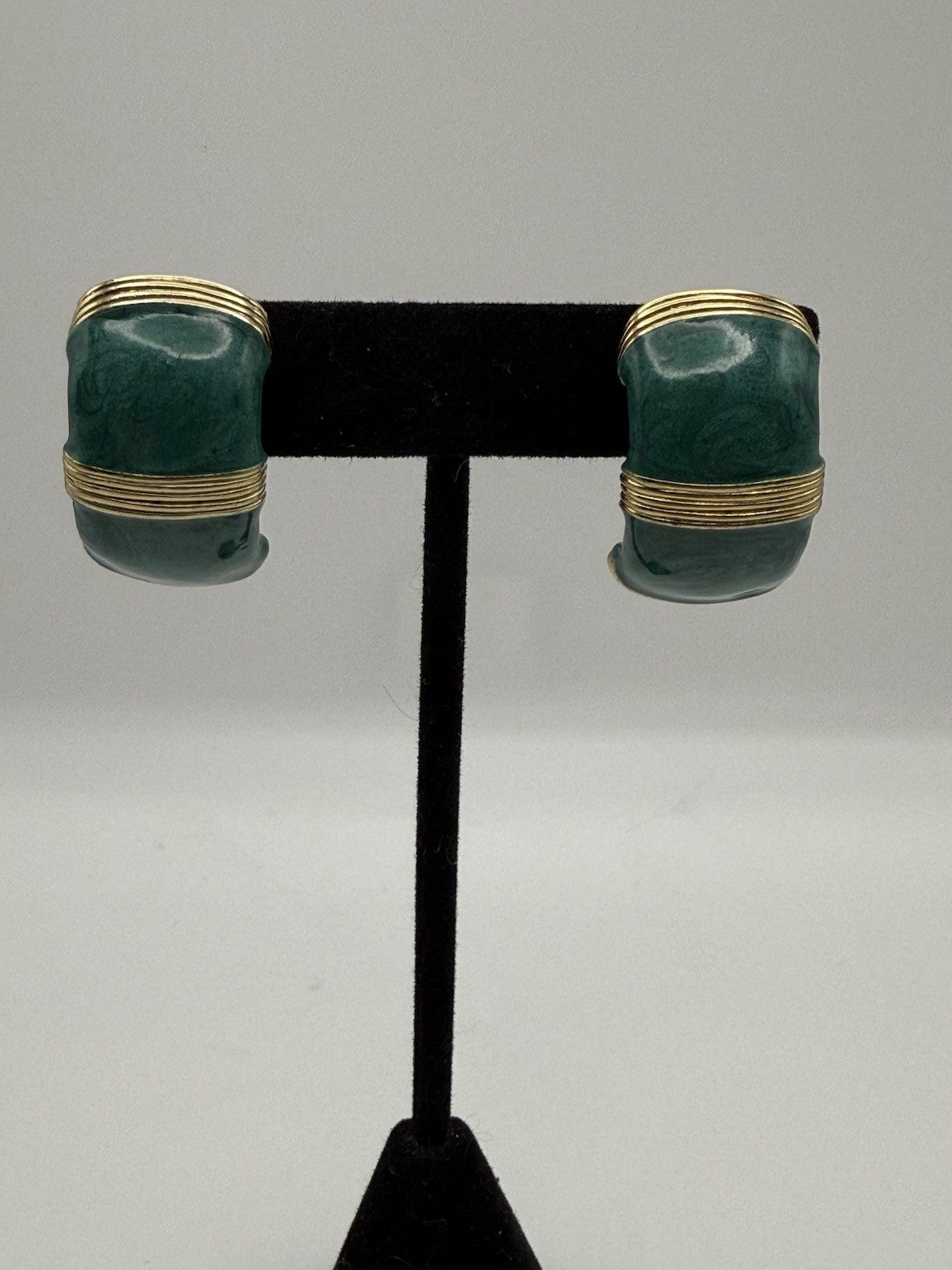 Vintage Gay Boyer GreenEnamel Gold Tone Half Hoop Clip On Earrings