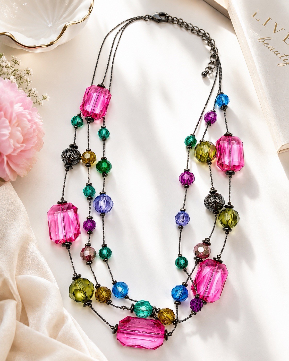 Vintage Colorful Layered Beaded Necklace Pink Acrylic Statement Gunmetal Y2K