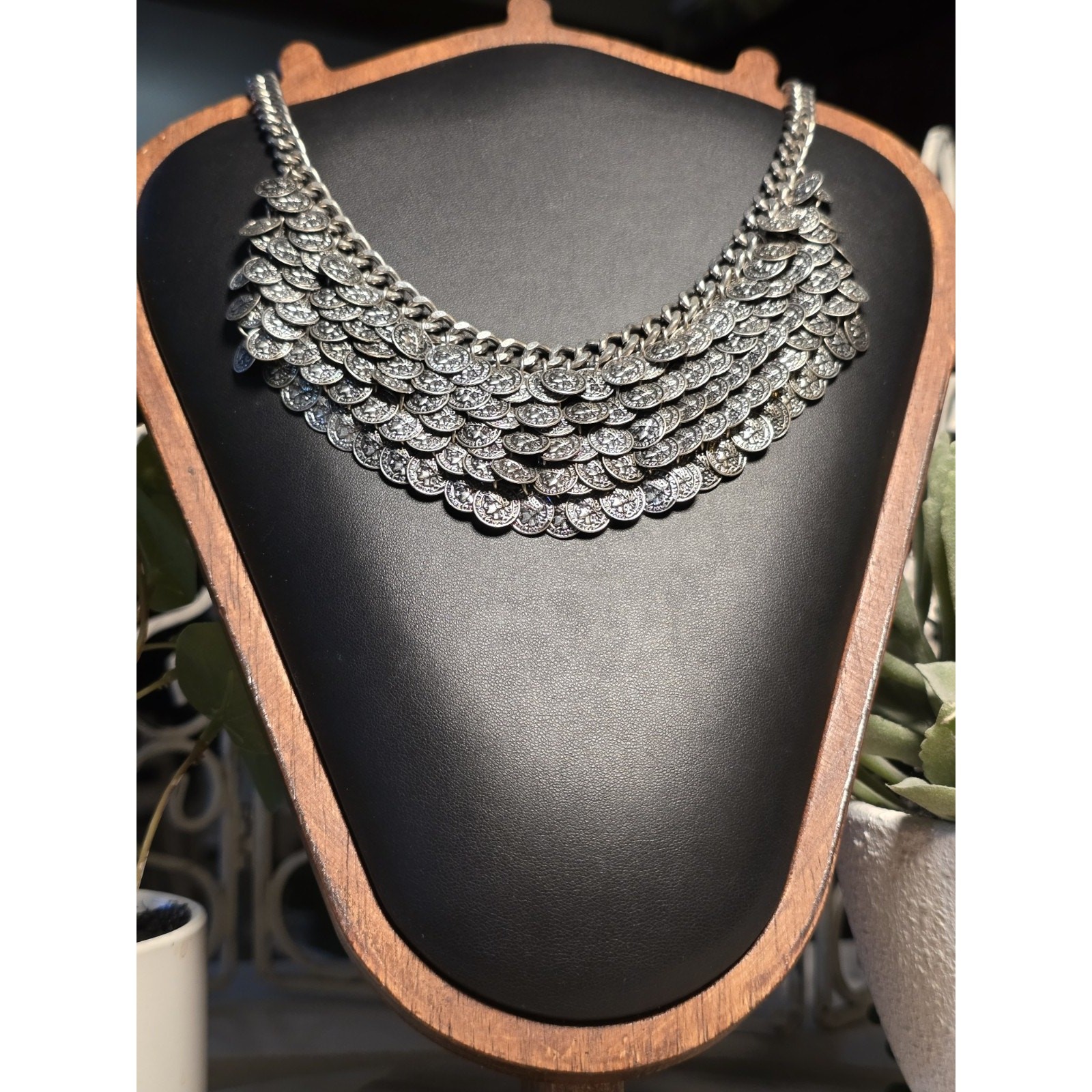 Vintage Faux Coin Chain Link Silver-Tone Statement Necklace Brutalist Adjustable