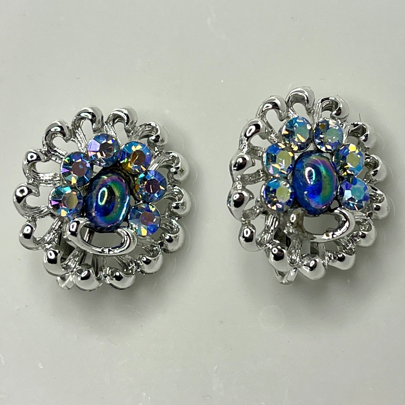 Coro Vtg Moonglow & Peacock AB Rhinestone BROOCH PIN & CLIP ON EARRINGS SET