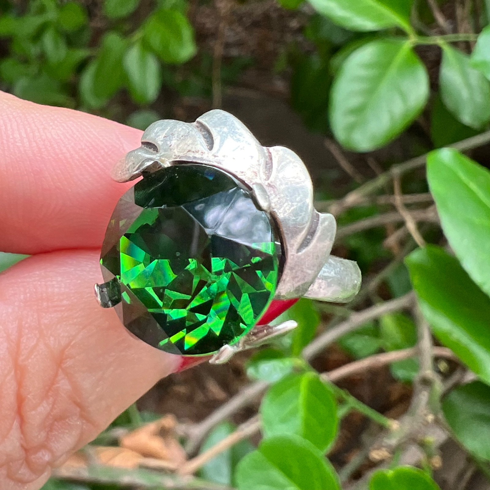 VINTAGE LARGE ROUND GREEN PASTE GLASS RHINESTONE RING 925 STERLING SLVER MEXICO