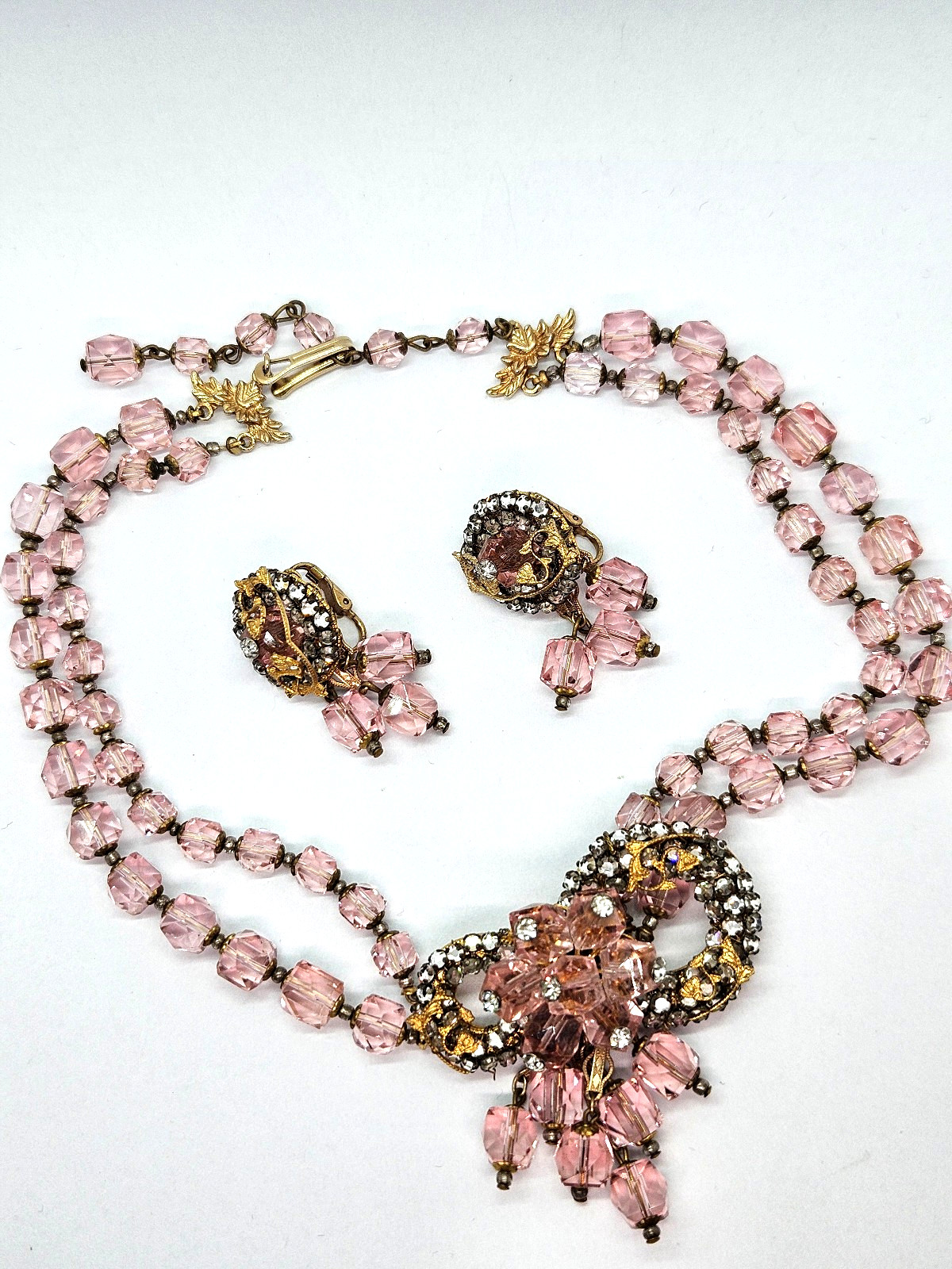 Vintage Original by Robert? Necklace & Earrings Pink Crystal Beads Rhinestones