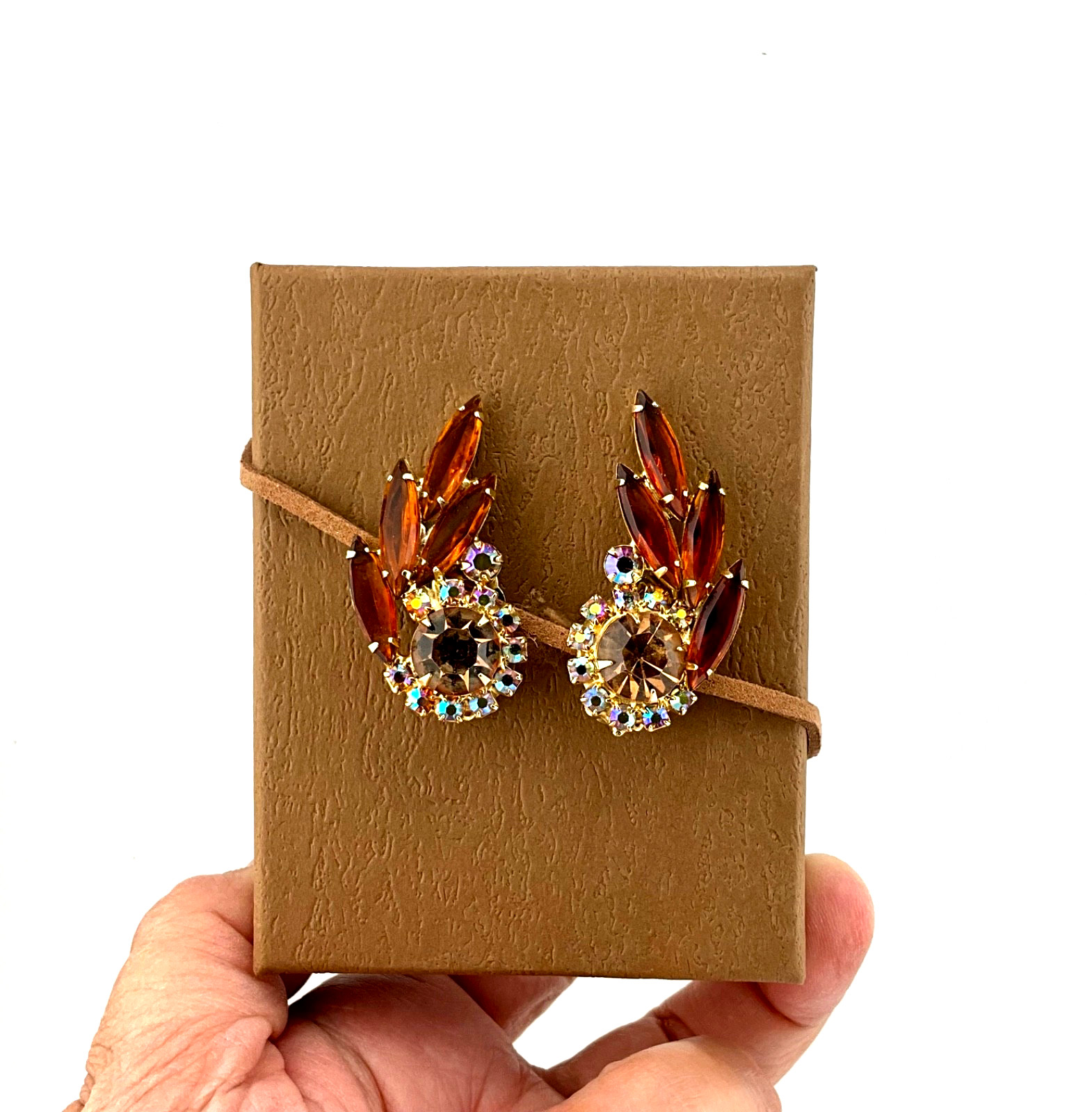 Vintage Mid Century Modern Crystal Clip Earrings Amber Navette Aurora Borealis
