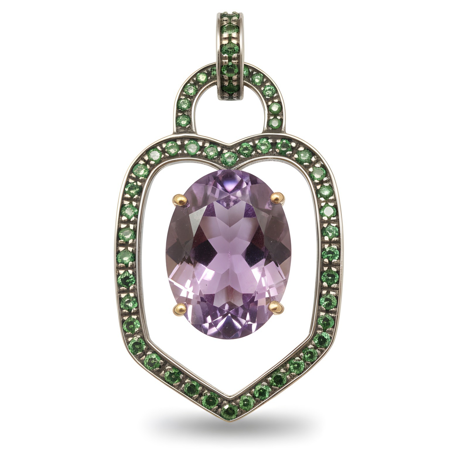 Victorian 22.5 Ct Statement Amethyst & Tsavorite Pendant in 14k Gold & Silver