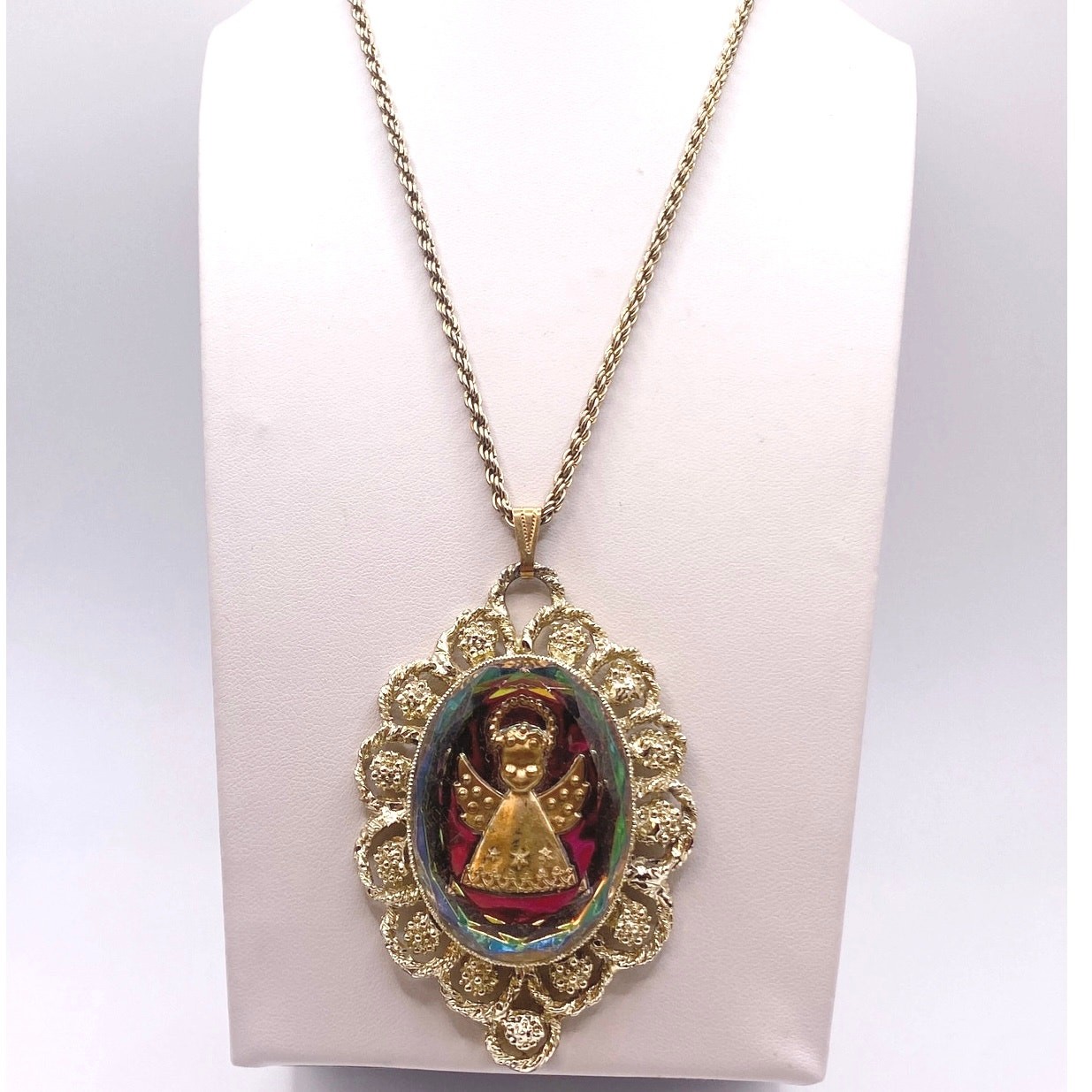 Vintage Glass Angel Intaglio Cameo Chrome Pendant 2″ and Necklace 22” long