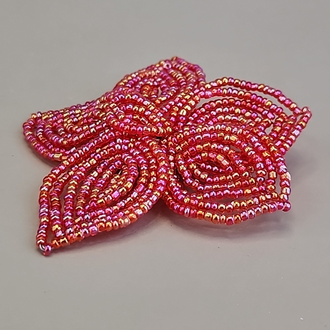 Vintage Seed Bead Flower Brooch AB Red Wired Glass 2.75″