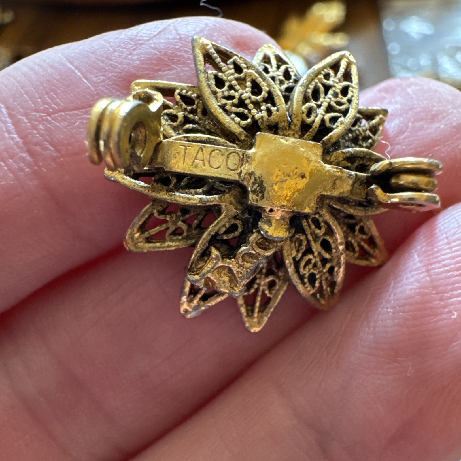 Vintage Tacoa Gold Toned Flower Pearl Brooch Signed Dainty Lapel Pin Old Money