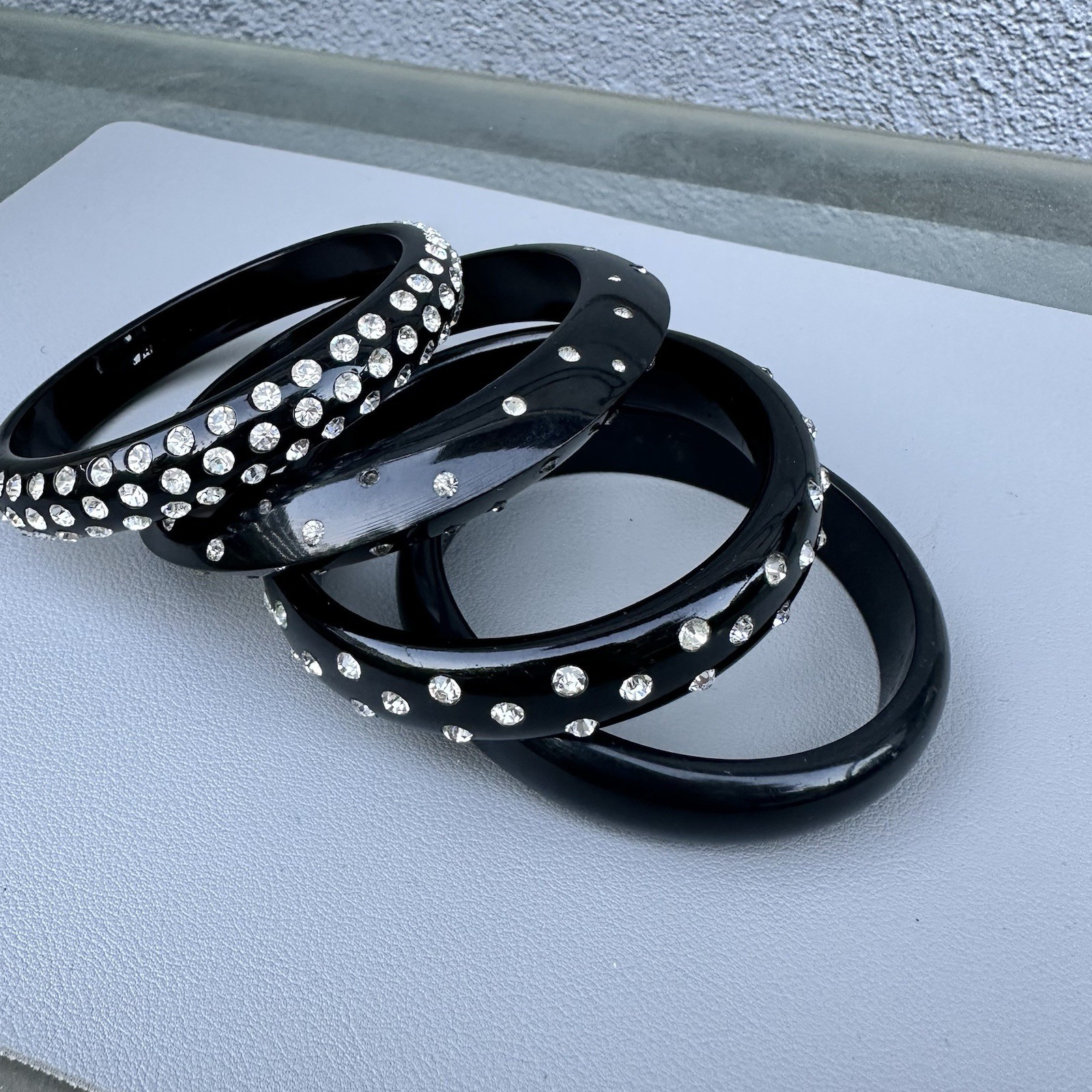 Vintage Bangle Stack Black Rhinestone Sculptural Mod Lucite Acrylic Bracelet