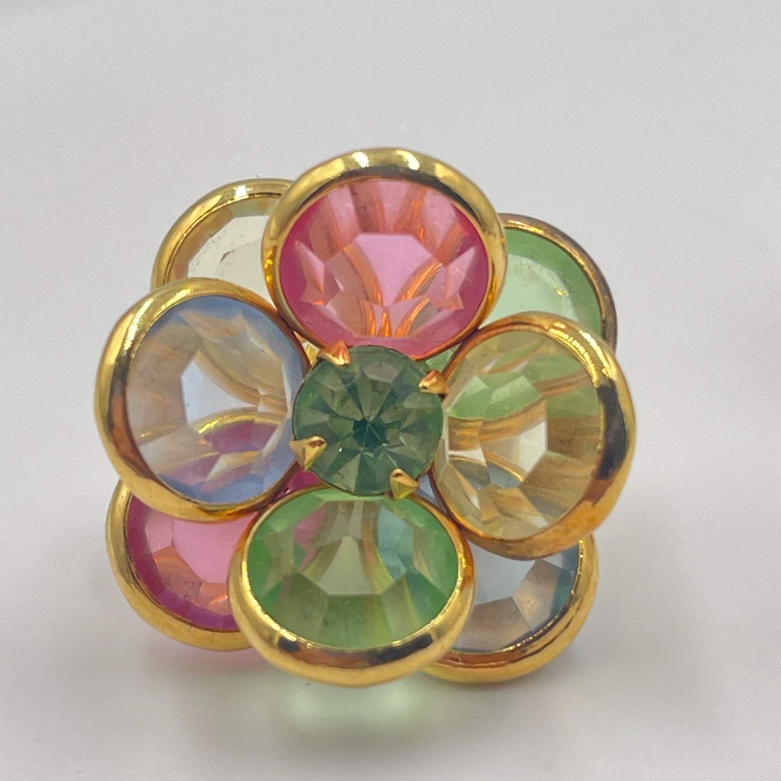 Vintage Multi Color Rhinestone Pastel Flower Clip On Earrings Gold Tone Retro