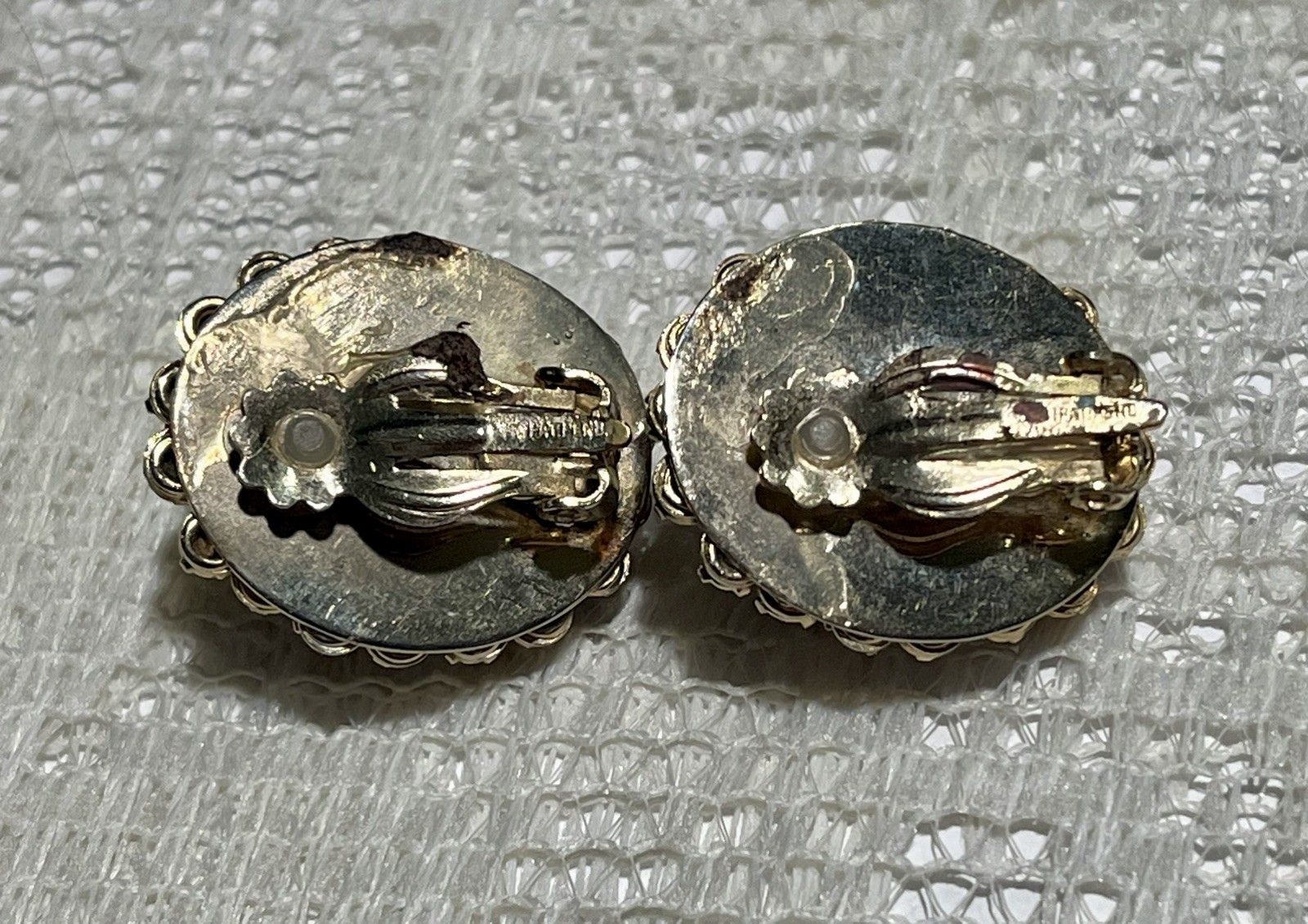 Vintage Clip Earrings Signed Pat Pend Dome Cluster Prong Set Topaz AB Rhinestone