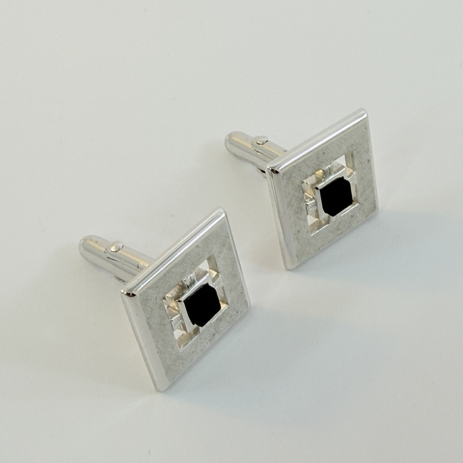 Swank Tie Clip and Cuff Links Set Brushed Silver Tone Onyx Stone