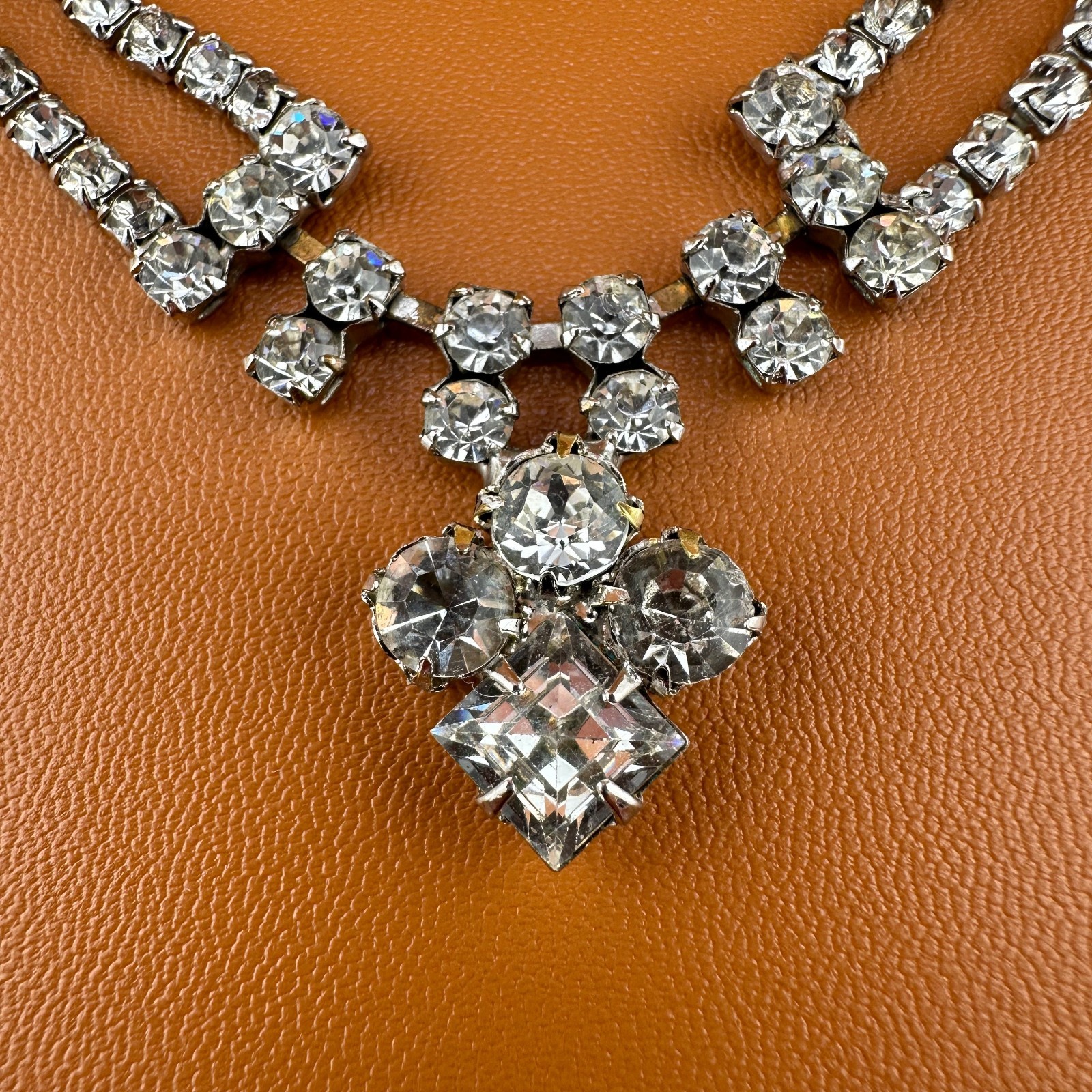 Vintage Rhinestone Festoon Style Necklace Silver Tone Cup Chain Clear Stones