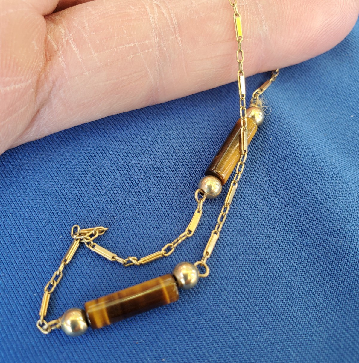 Vintage 14K GOLD Art Deco Tiger eye Statement Necklace Unique Antique Chain 28″