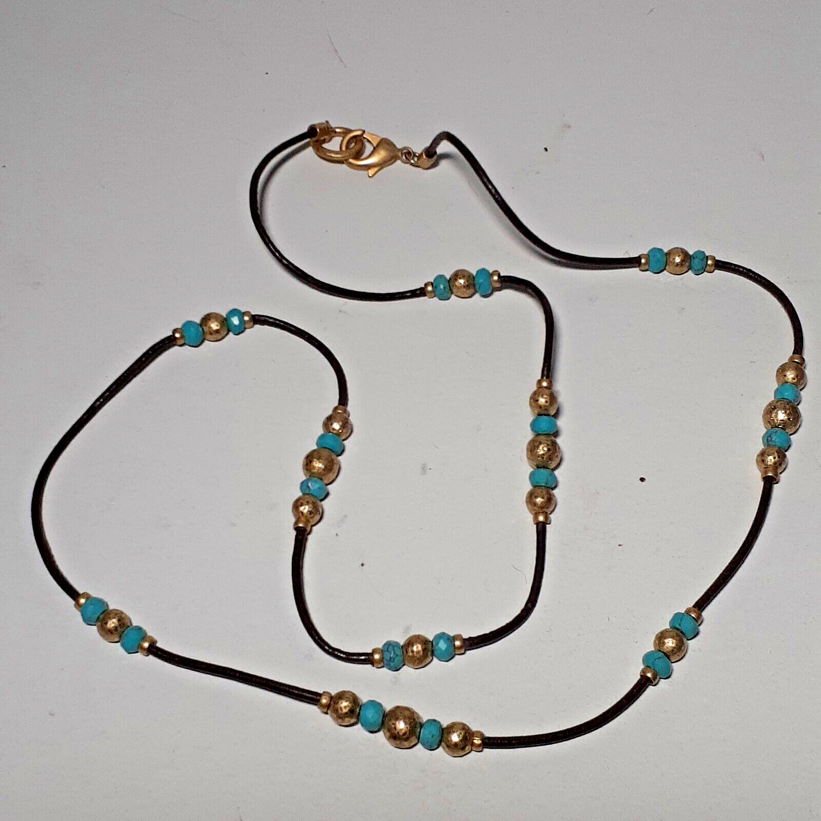 Artisan Leather Cord Necklace Hammered Metal Beads Blue Mixed Materials 32″
