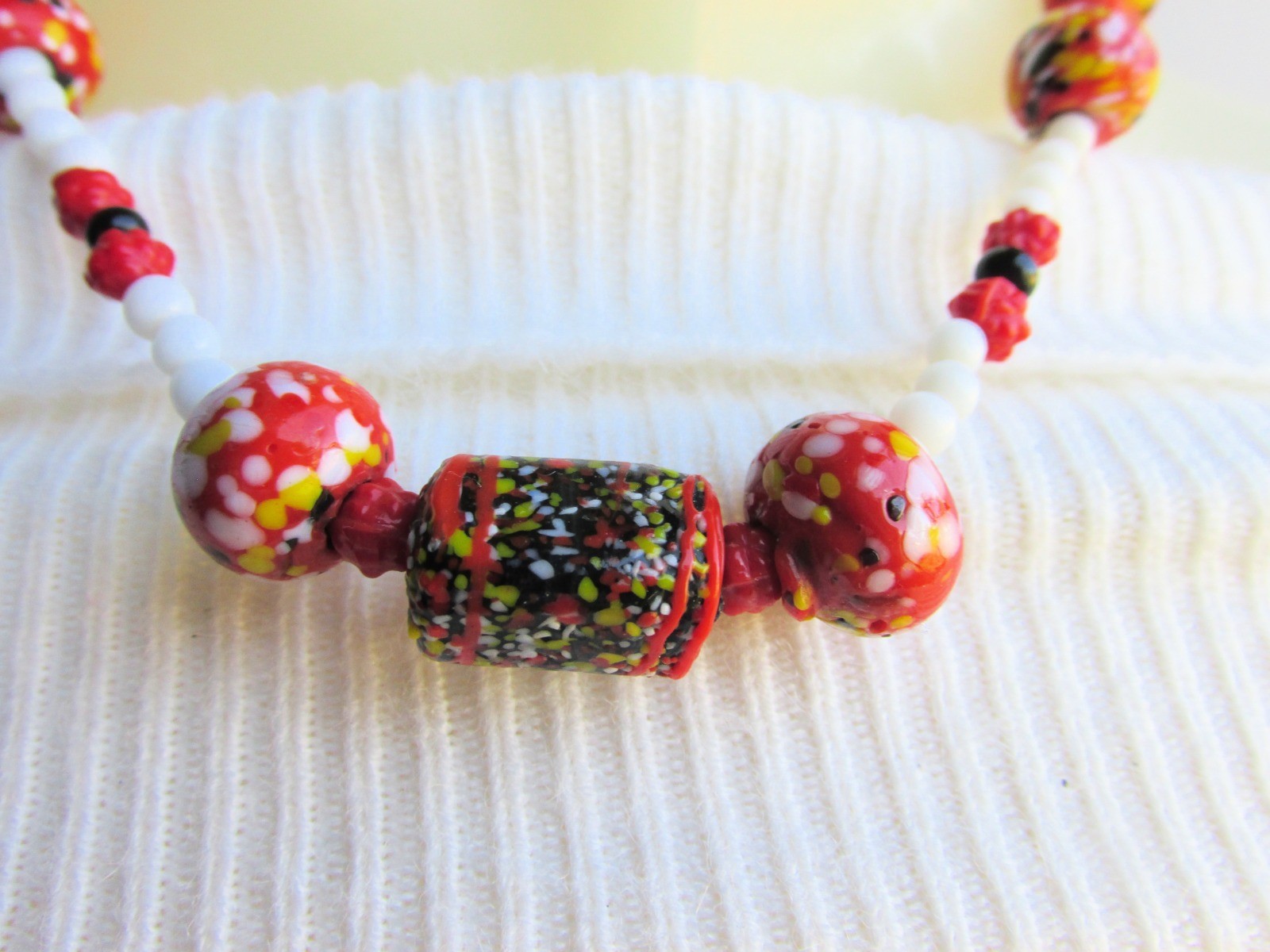 70s Vintage Orange Yellow White Black Venetian Glass Bead 16′ Necklace
