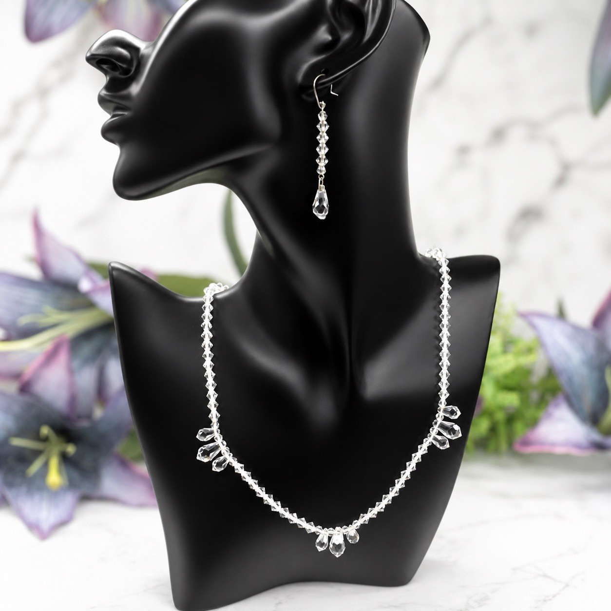 Elegant Clear Glass Faceted Crystal Teardrop Necklace & Earrings Set