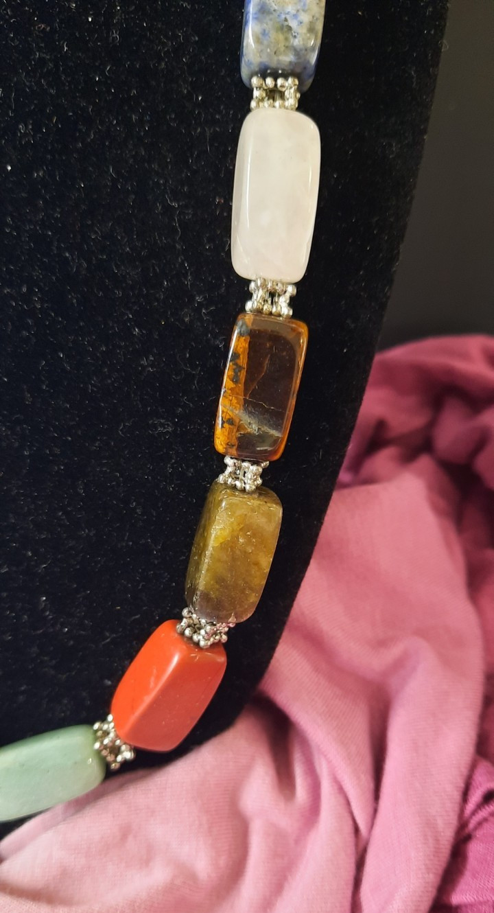 Vintage 21″ Natural Gemstone Necklace – Tiger’s Eye Jade Sodalite Coral Silver