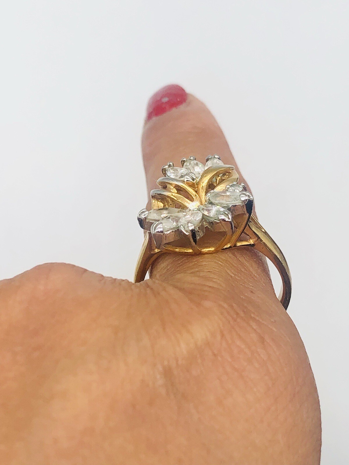 Vtg 14K GE Clear Glass Rhinestone Cocktail Ring Sz 8.75