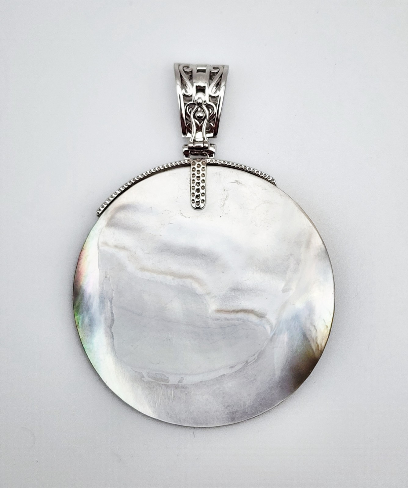 BBJ Vintage Sterling Silver Abalone Shell Scrollwork Pendant w/Hinged Bail