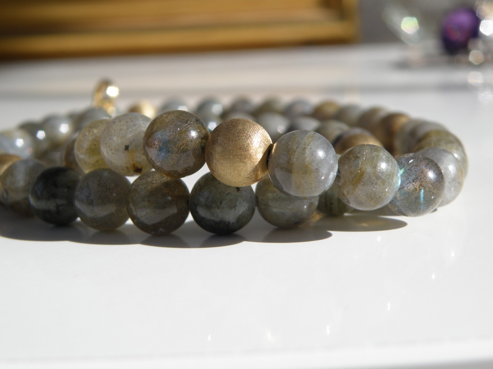 Vintage Sterling Silver 925 Gold on Natural Labradorite Bead Necklace 17.5″