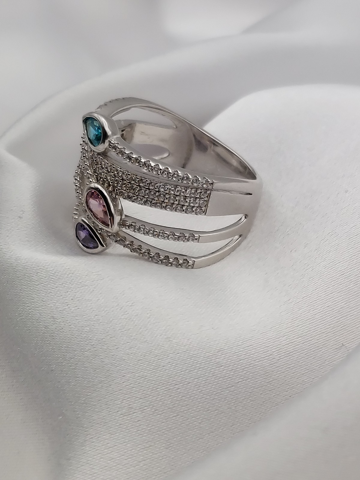 Vintage PJM 6Band Sterling Crystal Muti Color Pear Cut Gemstones Ring 5.9Gr Sz8