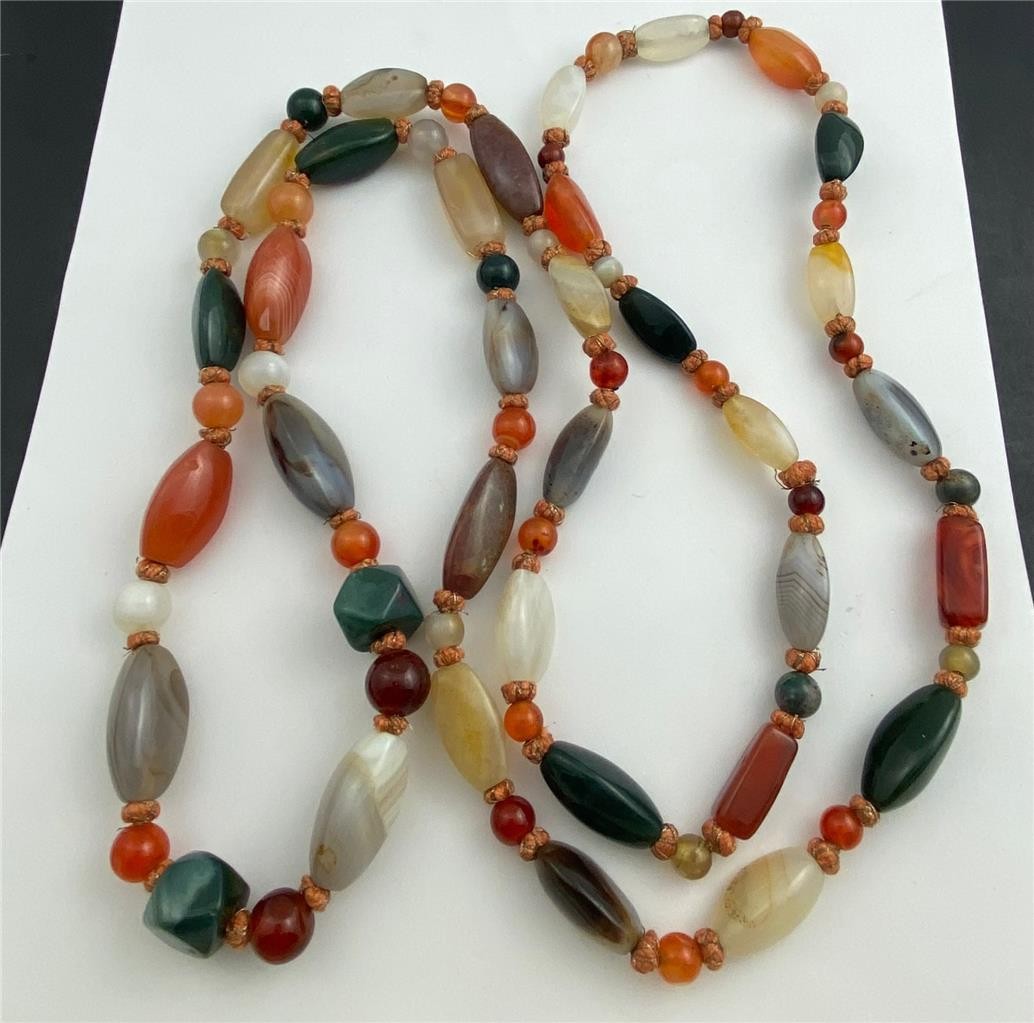Vintage 54″ Long Polished Agate Bloodstone & Carnelian Beads Continuous Necklace