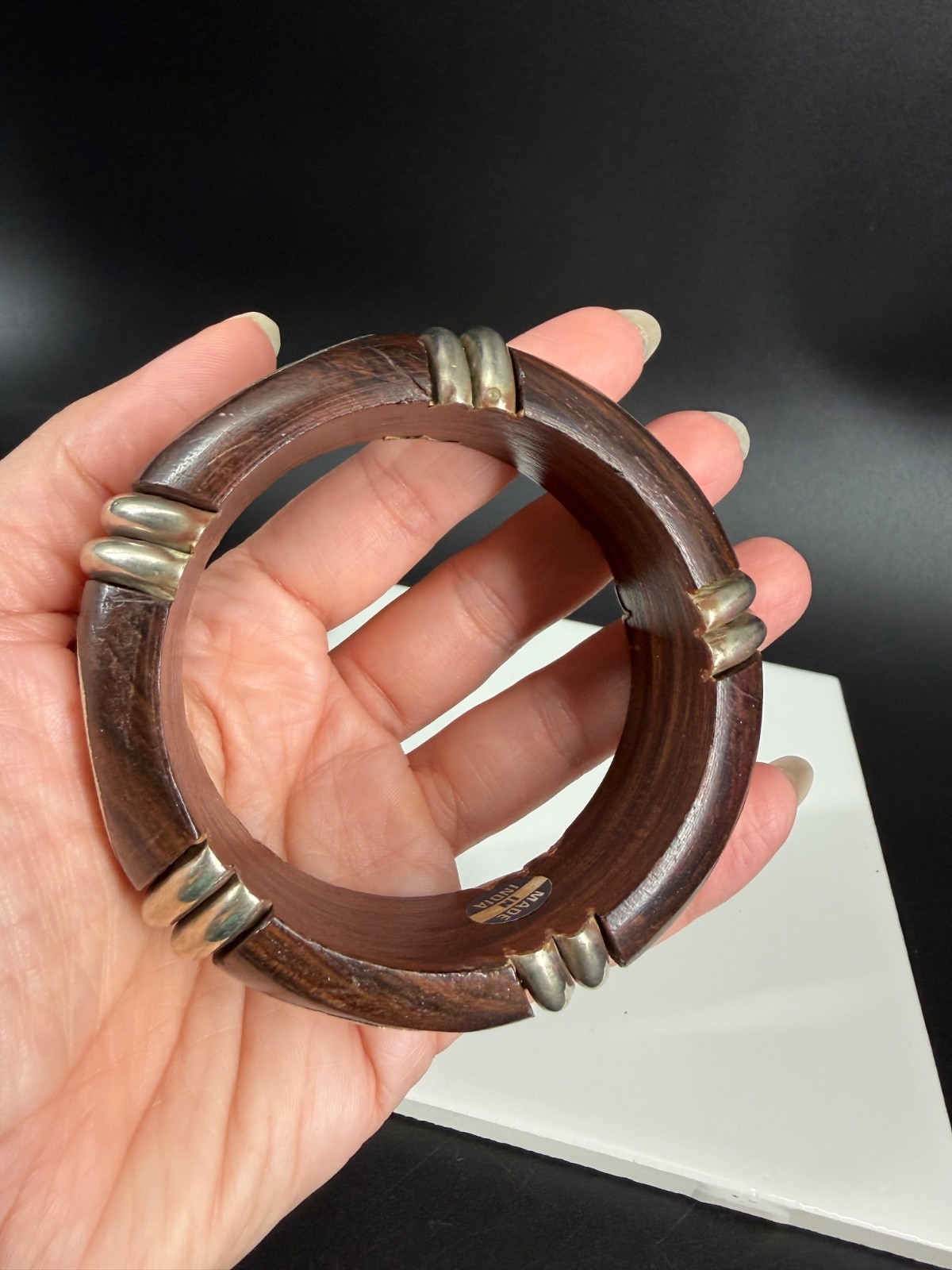 Vintage India Wood Silver Tone Bangle Bracelet Chunky Tribal Boho Statement 8″