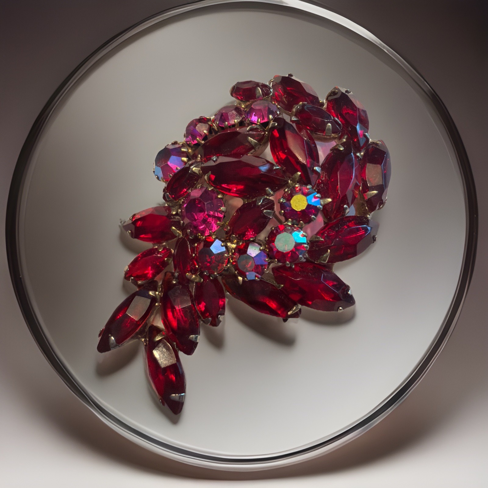 Stunning Vintage Juliana ? Flower Brooch Red Navettes AB Pink Rhinestones K15