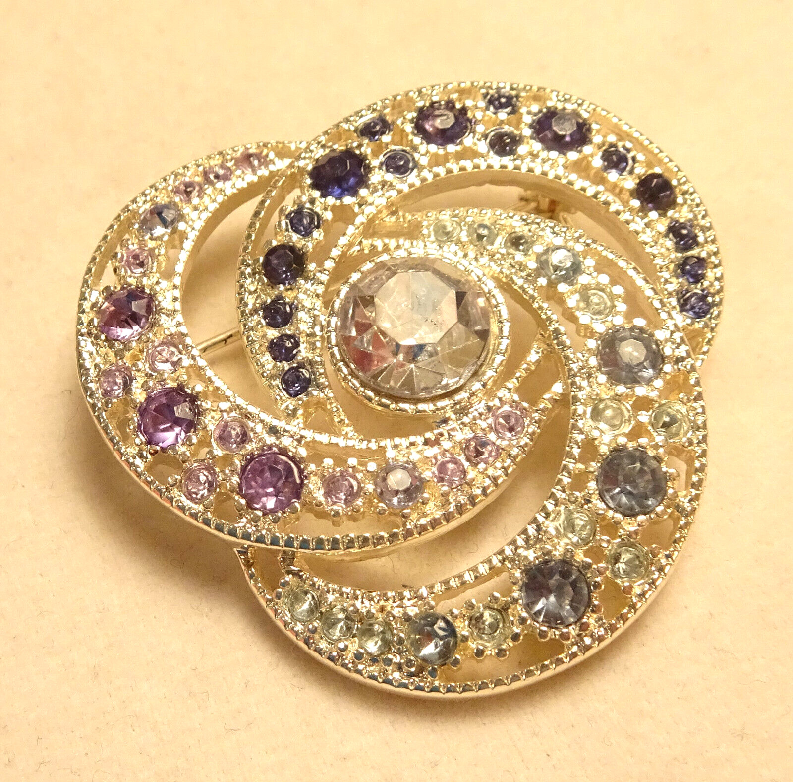 Tri Crescent Brooch Pin Rhinestone Purple Blue Lavender Silver Tone Vintage