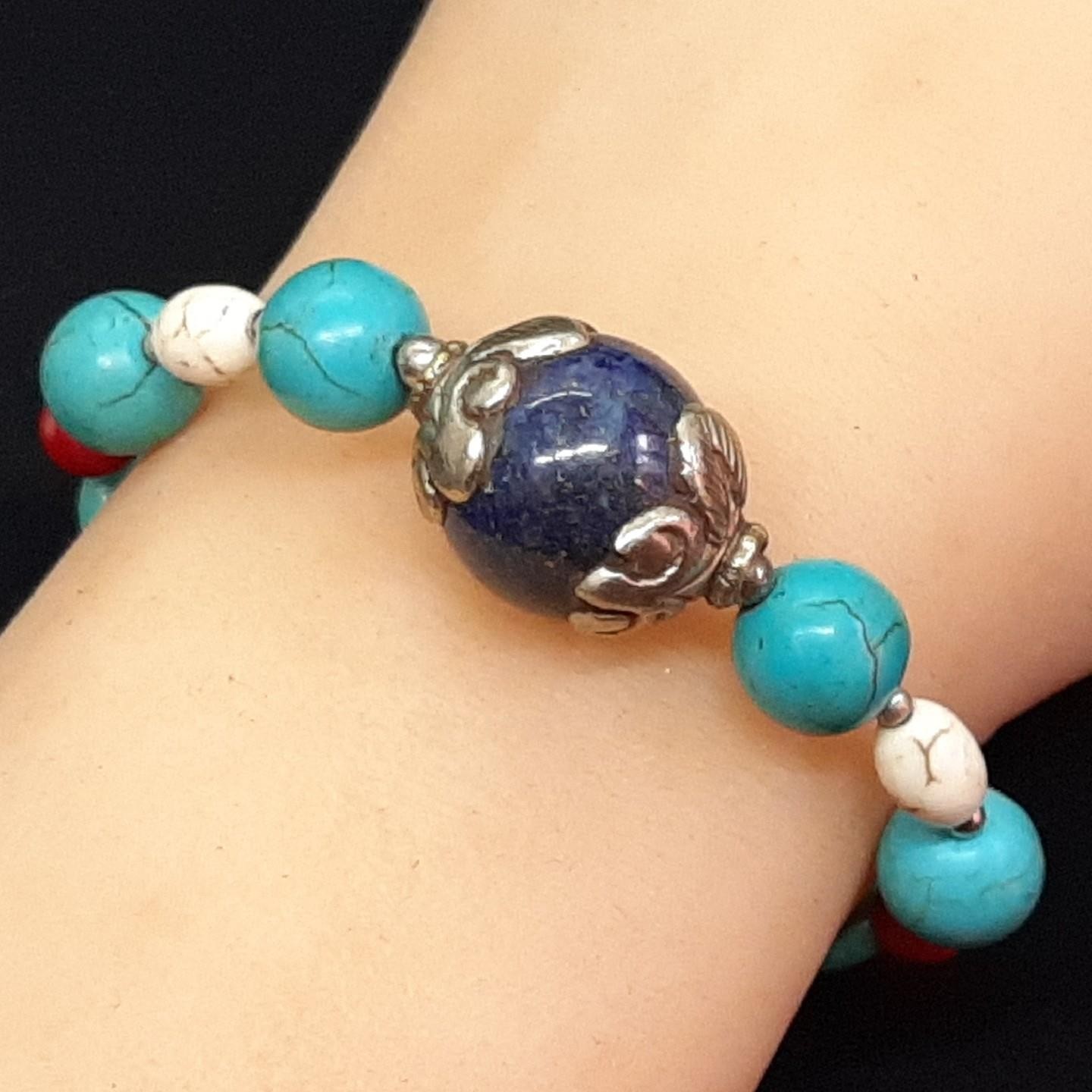 Vintage 53.50ctw Blue Turquoise, Coral & Lapis Lazuli Silver Bracelet 21.4g