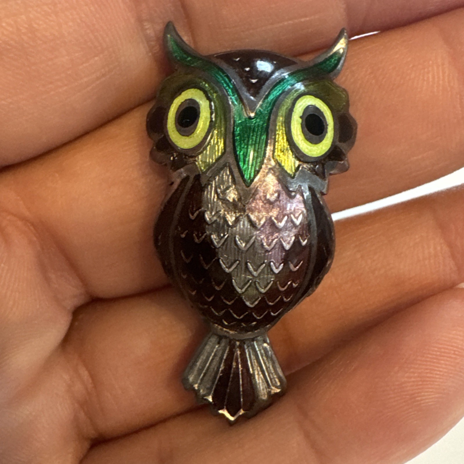 Vintage TAXCO 980 Silver Owl Bird Brooch Pin Mexico Maya Enamel Whimsical Boho
