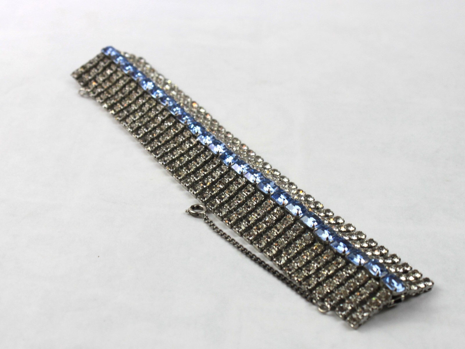 Rhinestone Bracelet Cuff Nine Row Emerald and Round Cut Rhodium Plate
