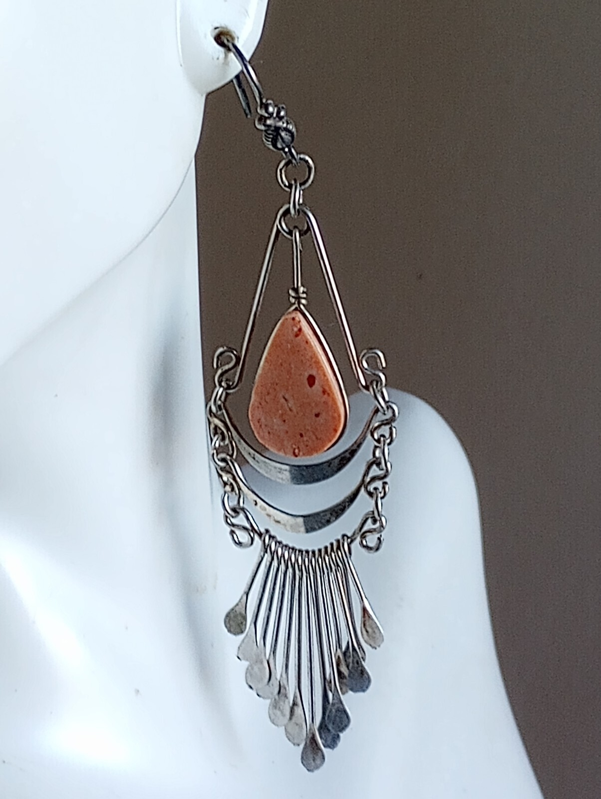 ESTATE LONG AGATE DANGLE EARRINGS PINK SALMON RARE DESIGN 3.5″ LONG
