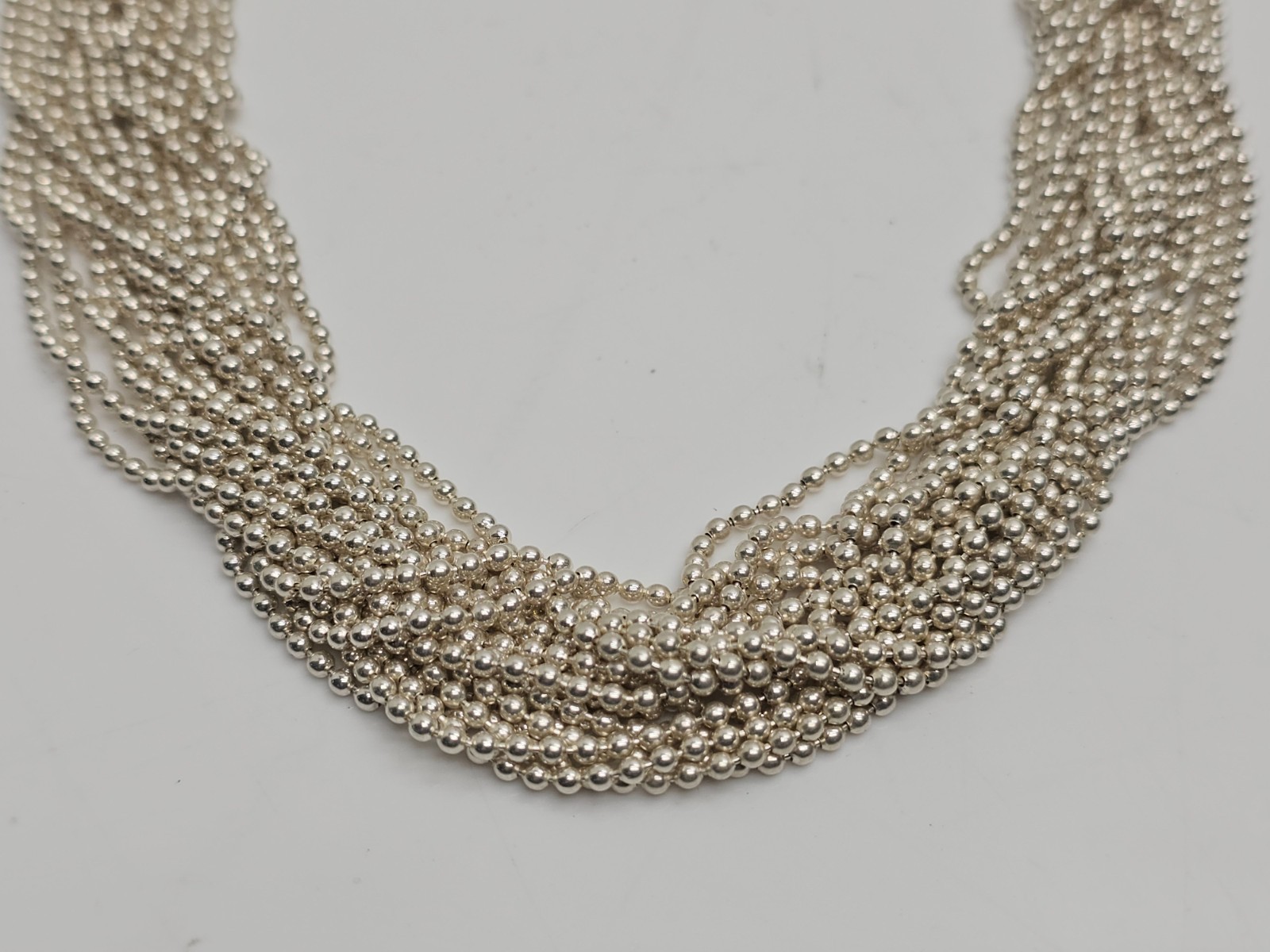 Multi Strand Silver 925 Bead Necklace Amber Glass Front Clasp Statement 17.5 in