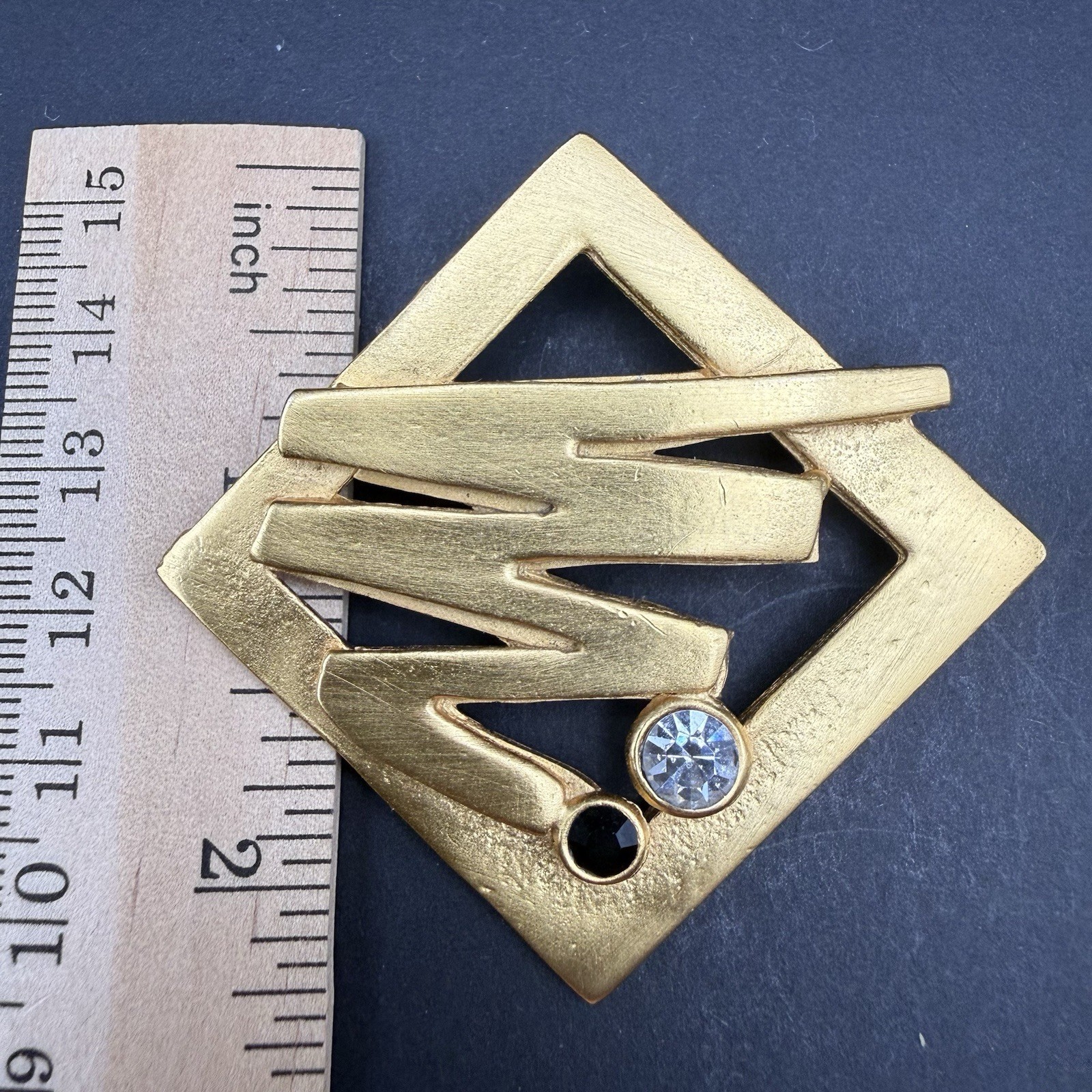 Vintage Modernist Gold Tone Geometric Brooch Pin Black & Clear Rhinestones
