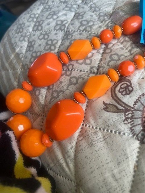 Vintage Orange Beaded Chunky Statement Necklace With Gold-Tone Accents