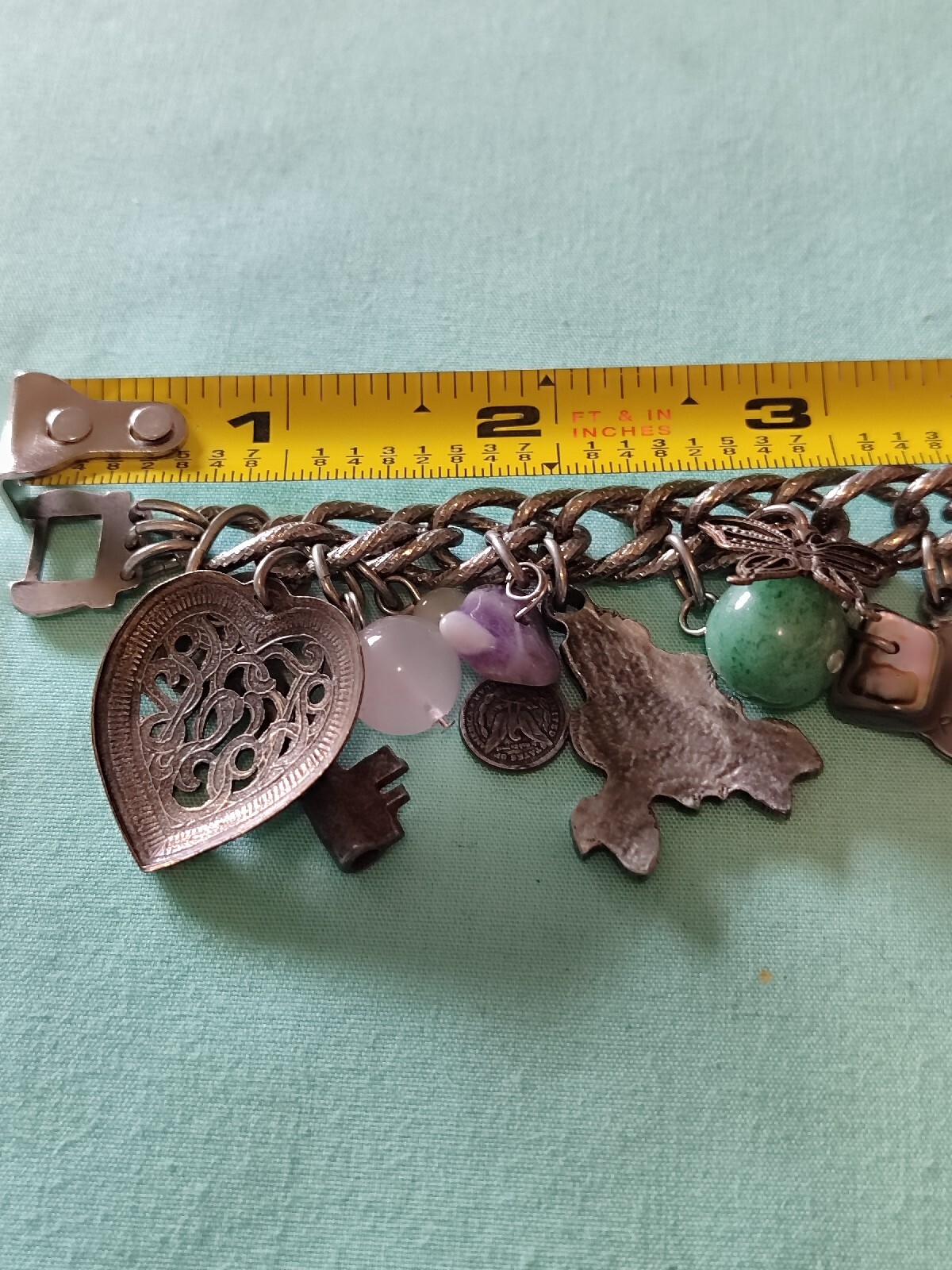 Vintage Loaded Dangle Charm Starter Bracelet Silver Plate Pewter Art Glass Stone