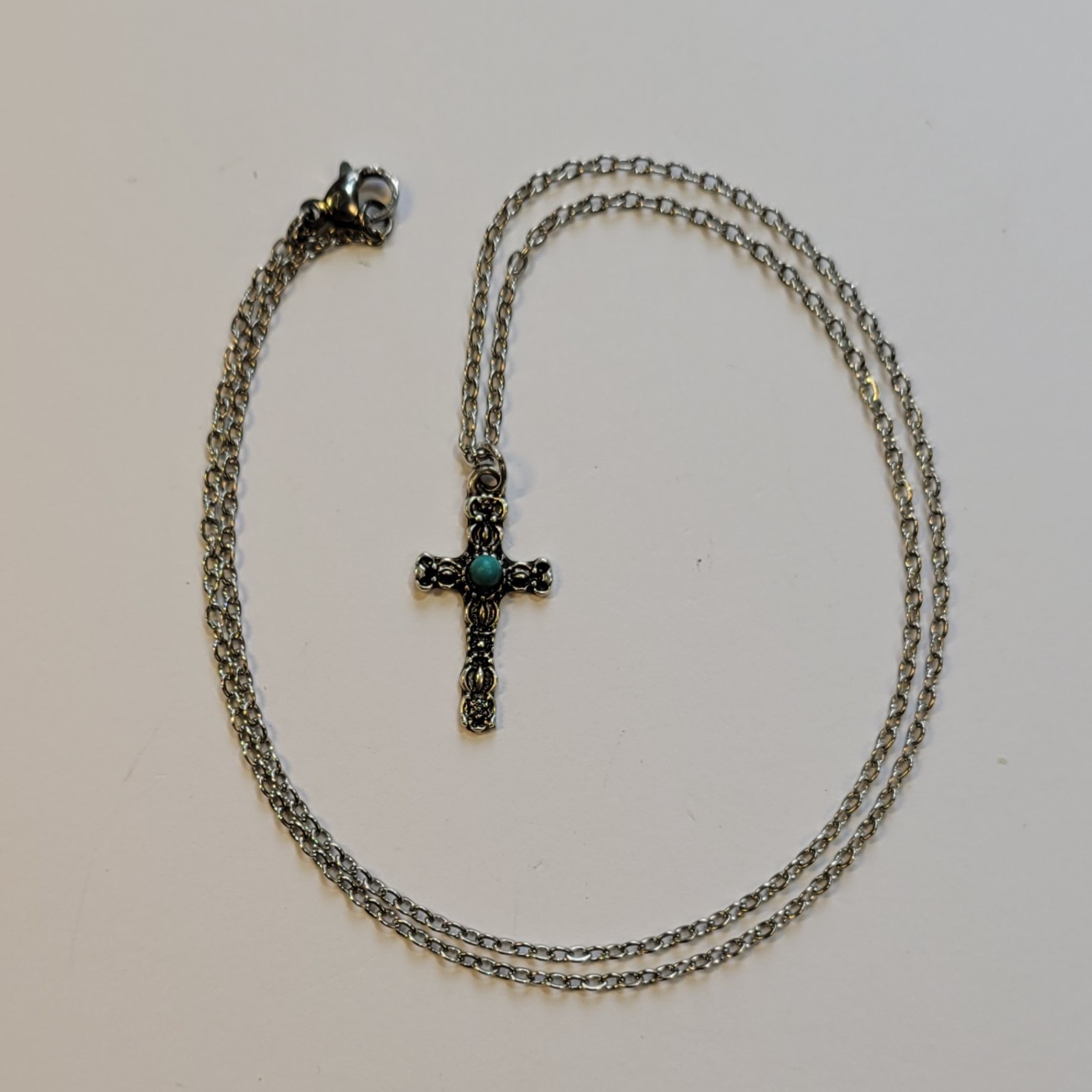 Southwestern Cross Necklace Silver Tone Faux Blue Turquoise 18in Chain Vintage