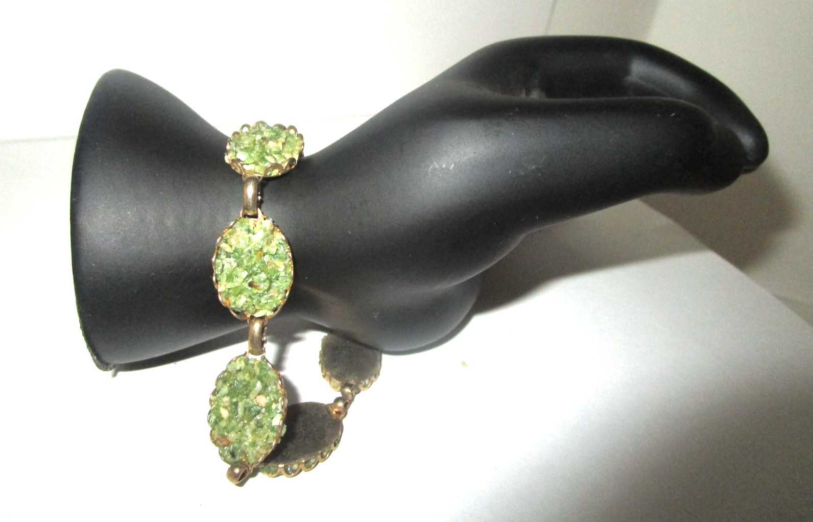 Vintage Gold Tone Link Bracelet w/Green Stones Size Small