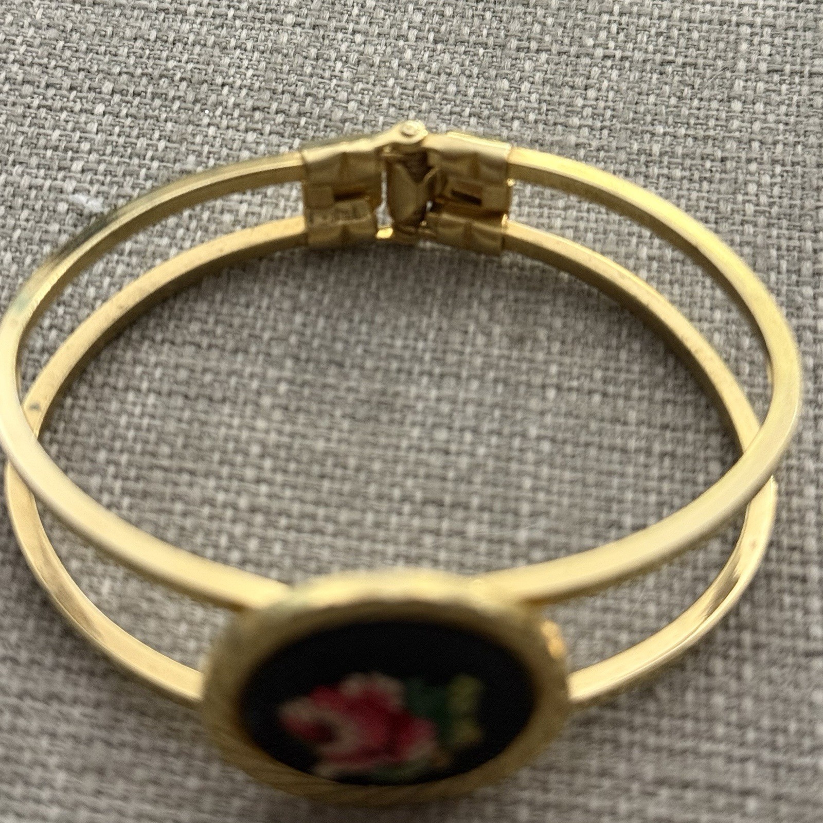 Vintage Needlepoint Hinged Clamp Style Bracelet – Floral Gold Tone – London 1971