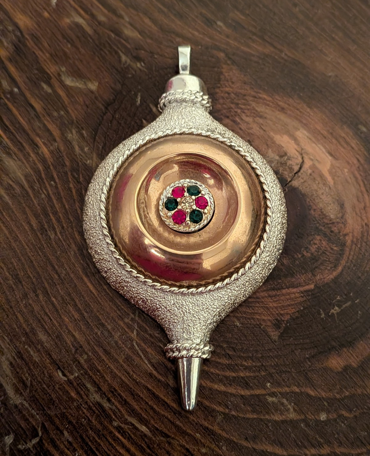 Sarah Coventry Signed Christmas Charm Pendant Teardrop Red/Green Rhinestone