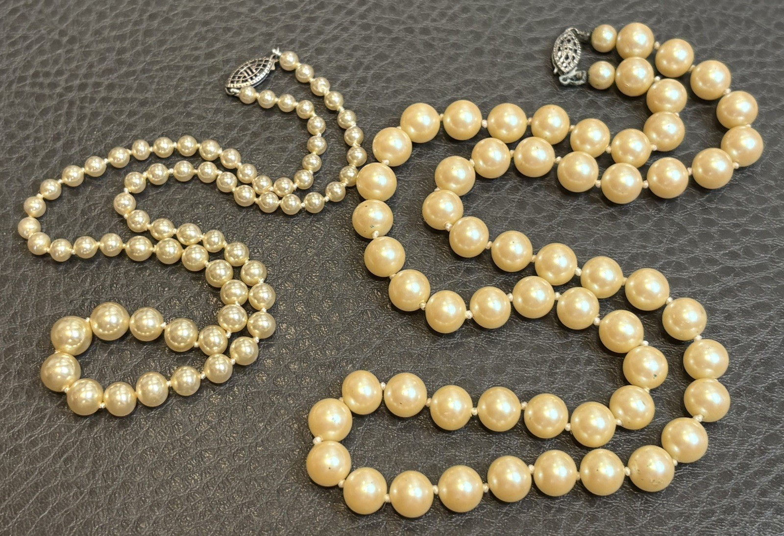 Vintage Lot Of 2 Sterling Silver Clasps Faux Pearls Hand Knotted Necklaces Layer