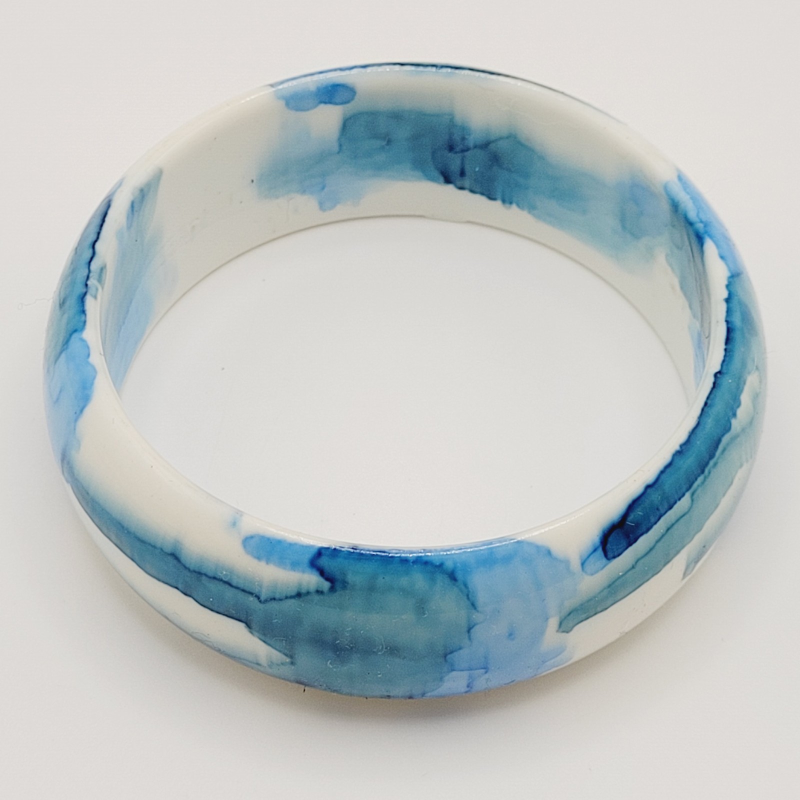 Marbled Watercolor Ink Blot Design Blue White Acrylic Chunky Bangle Bracelet