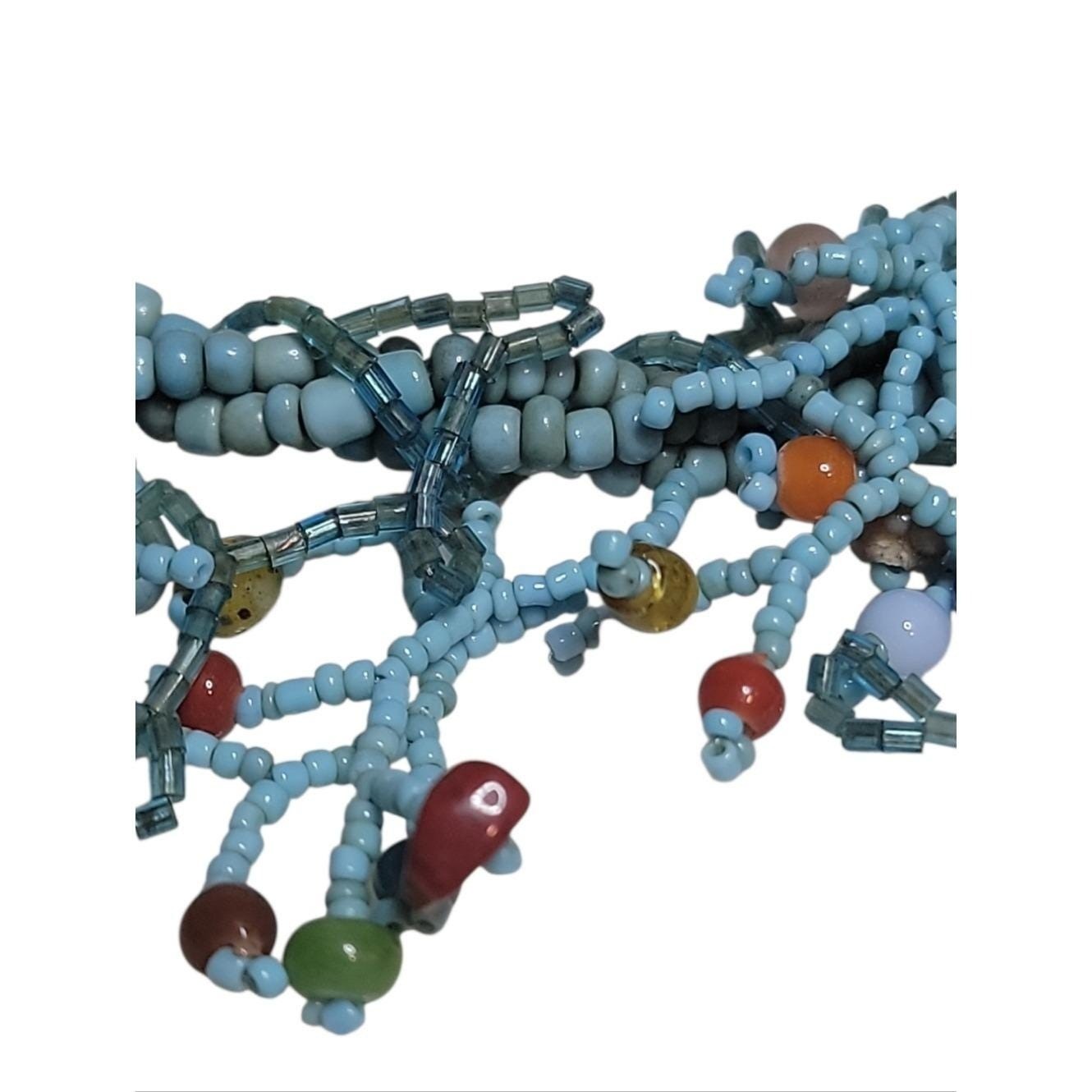 Vintage Blue Glass Seed Bead Coral Branch Necklace Boho Statement Bib Fringe
