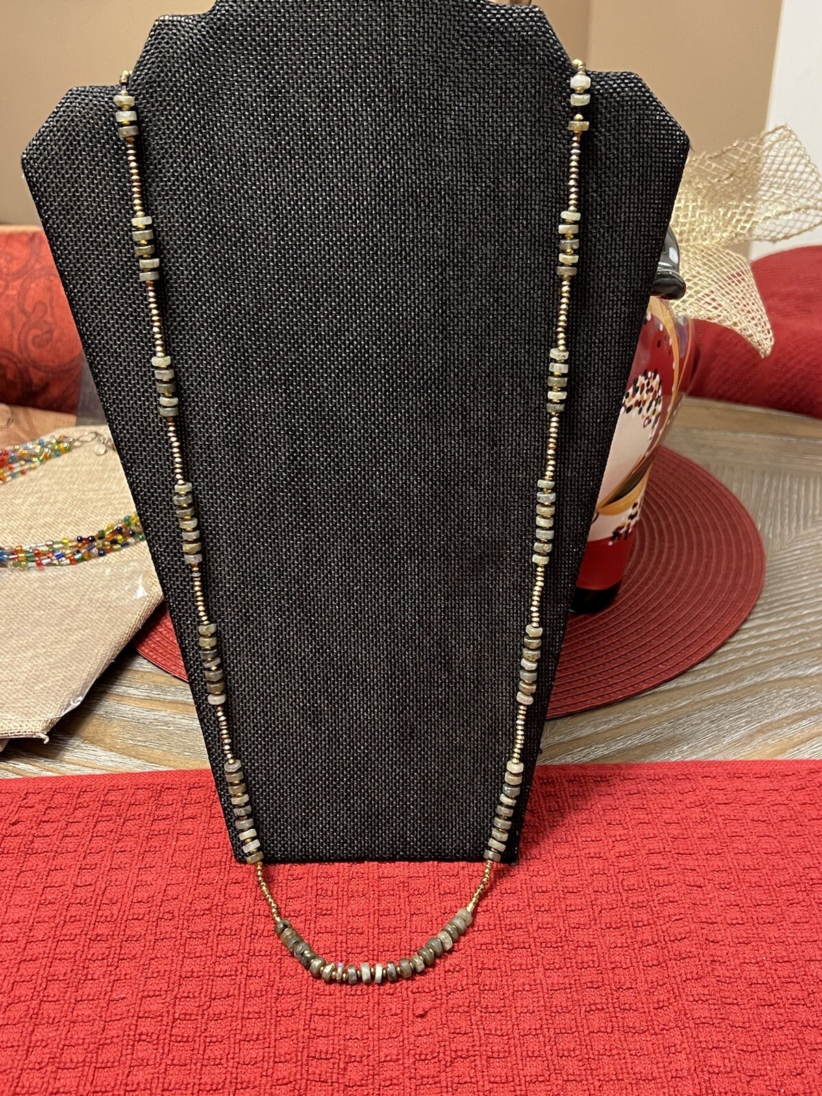 ESTATE ARTISAN LONG GOLD TONE LABRADORITE STONE NECKLACE 33” HOOK CLASP
