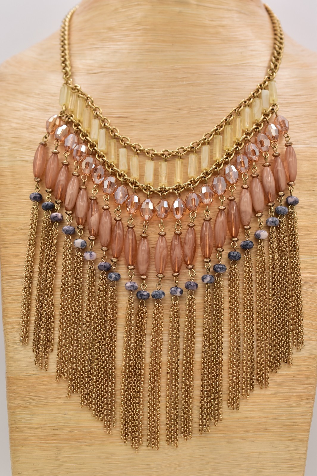Vintage Fringe Statement Necklace Gold Peach Glass Beads Layered Boho Y2K BinBL
