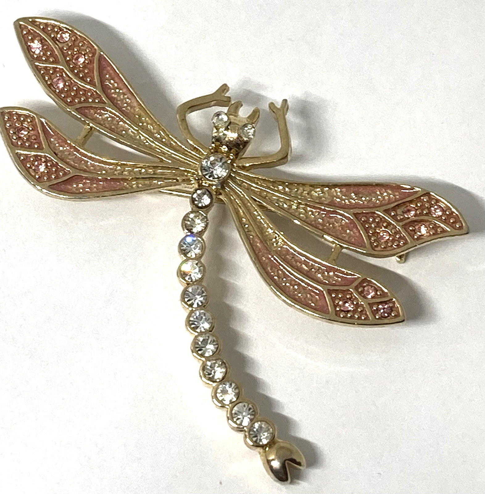 Dragonfly Brooch Gold Tone Pin Pink Wings & Clear Crystals Rhinestone Body
